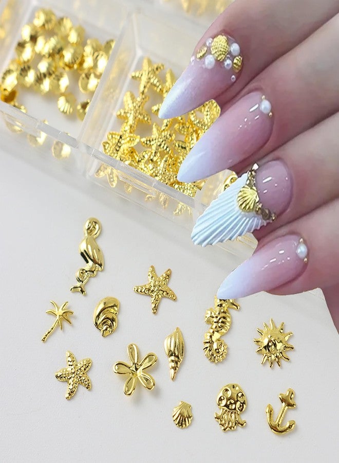 CJDLTS Gold Ocean Style Nail Accessories Golden Metal Starfish Shell Seahorse Jellyfish Nail Art Glitter Sequins 3D Gold Nails Supplies Jewelry Studs Nail Decoration Kit Suitable for Women Acrylivc Nail - Image 4